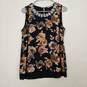 DR2 Black/Orange Floral Print Sleevless Blouse Jeweled Neckline Small
